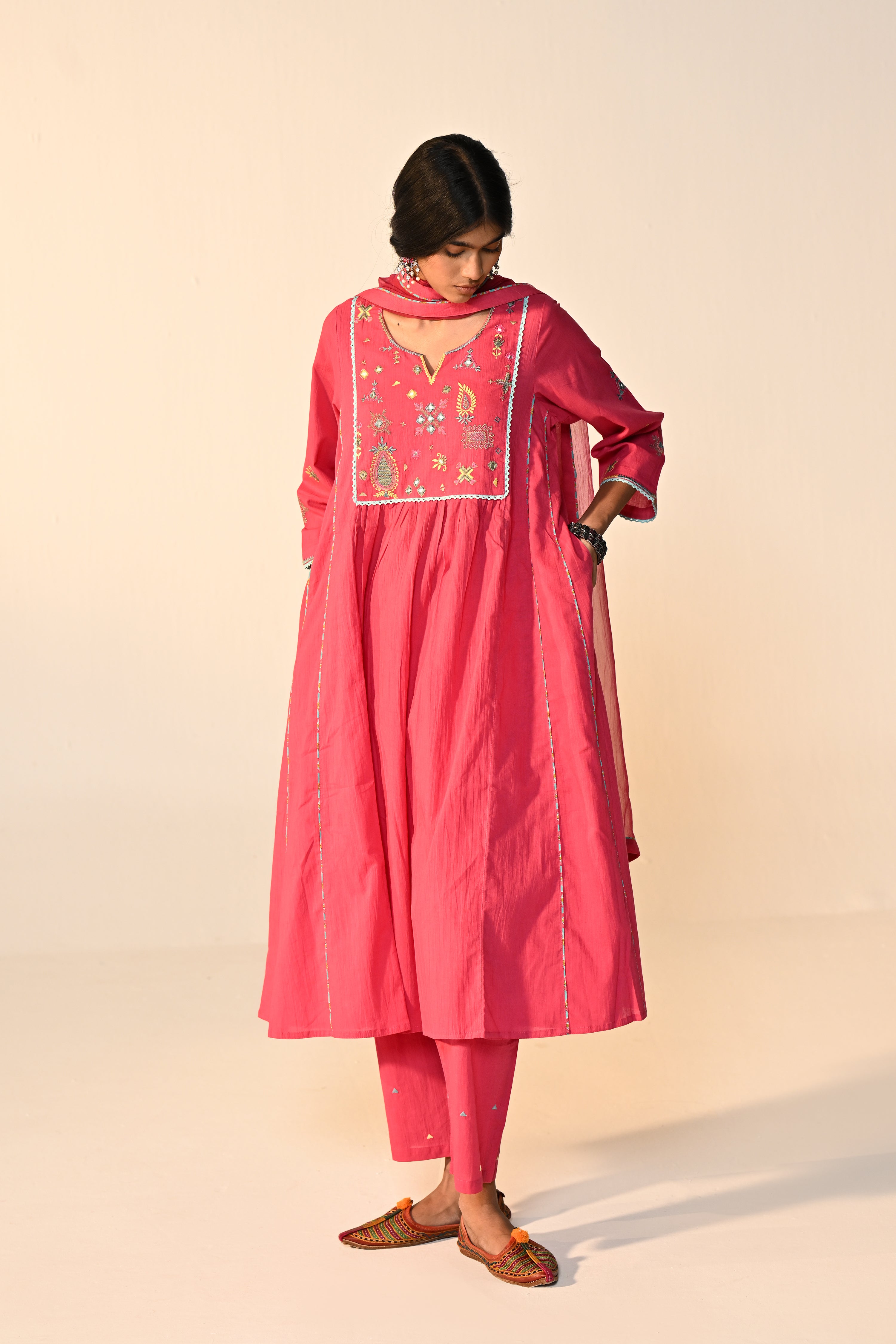 Dreamy Cotton Solid Embroidered Kurta Hot Pink (Set Of 3)