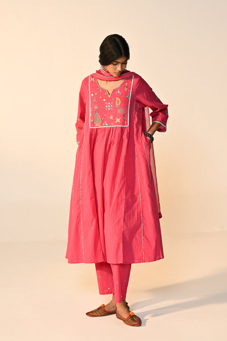 Dreamy Cotton Solid Embroidered Kurta Hot Pink (Set Of 3)
