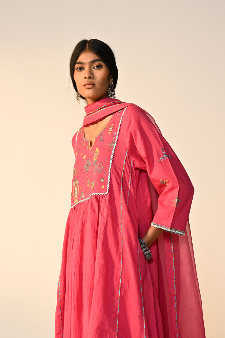 Dreamy Cotton Solid Embroidered Kurta Hot Pink (Set Of 3)