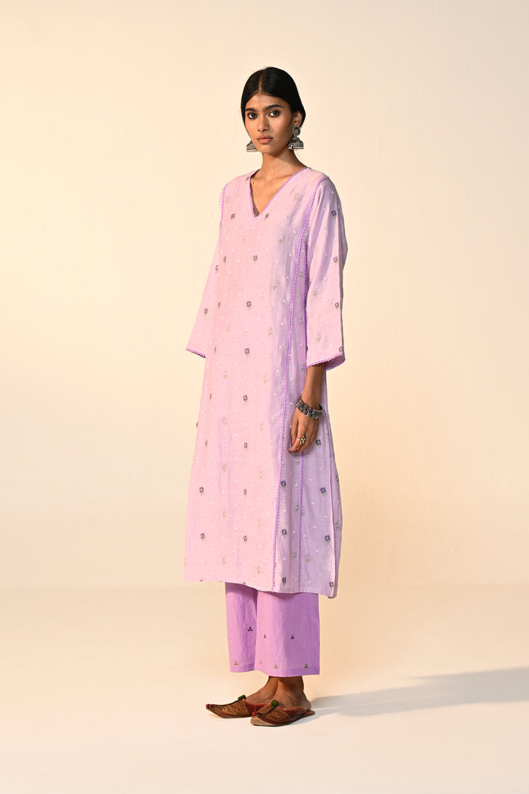 Tulsi Cotton Mul Embroidered Kurta Lavender (Set Of 3)