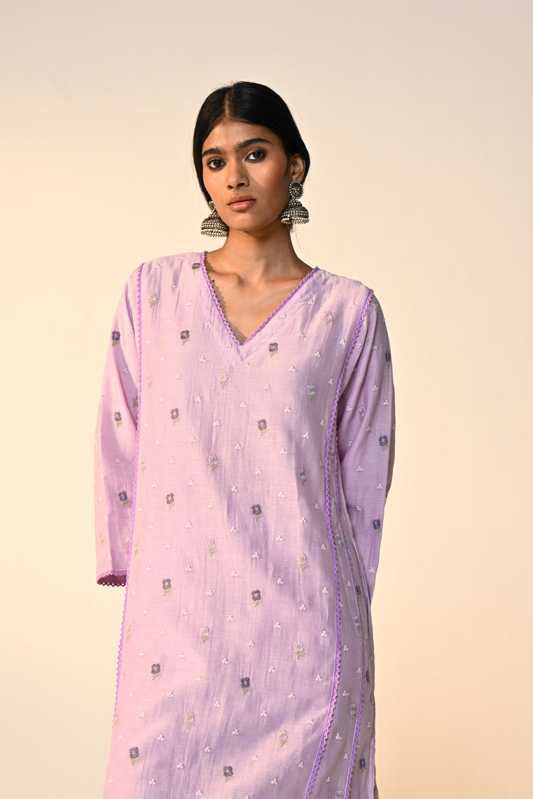 Tulsi Cotton Mul Embroidered Kurta Lavender (Set Of 3)