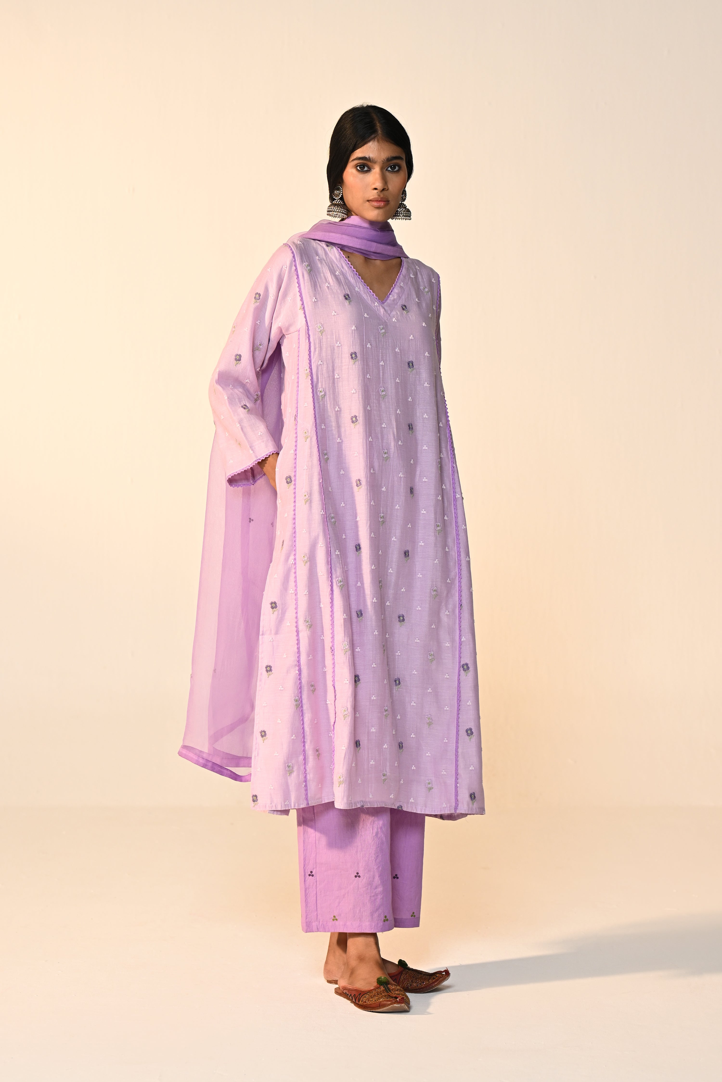 Tulsi Cotton Mul Embroidered Kurta Lavender (Set Of 3)