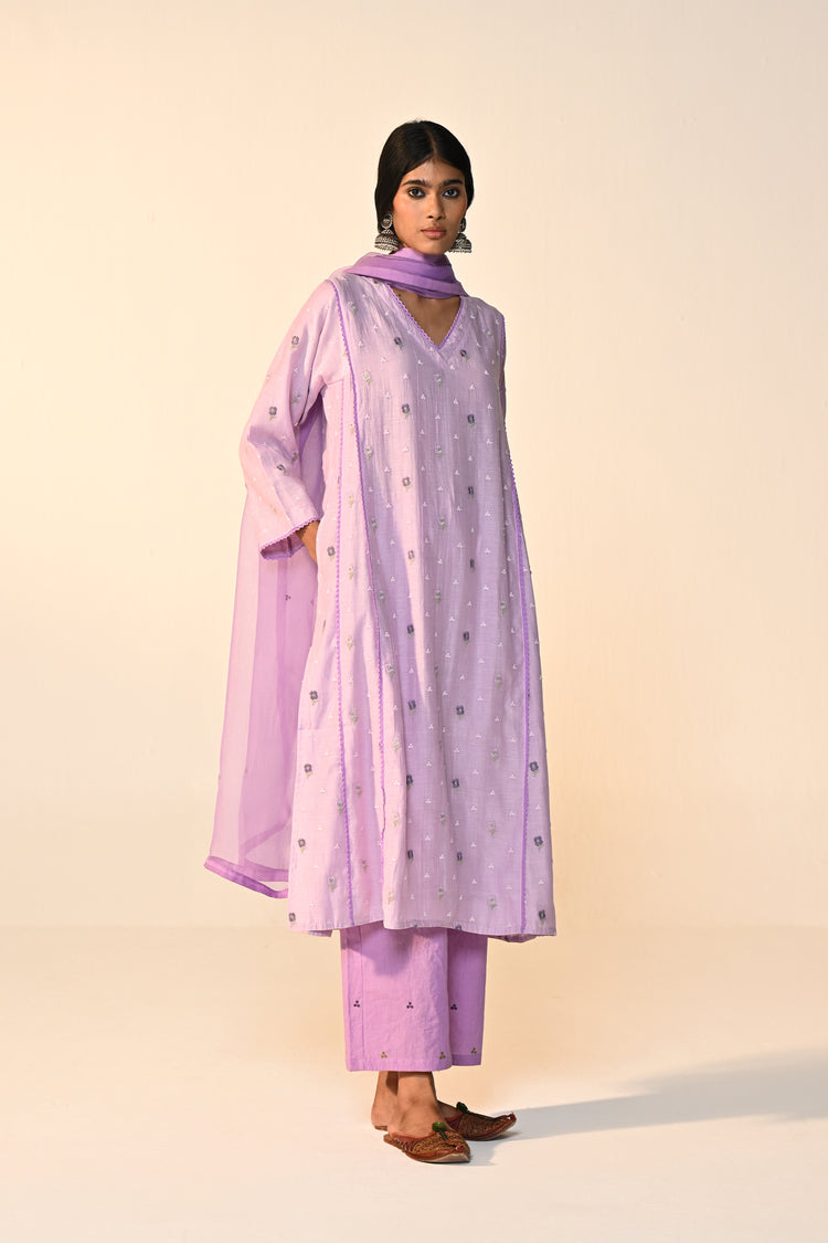 Tulsi Cotton Mul Embroidered Kurta Lavender (Set Of 3)