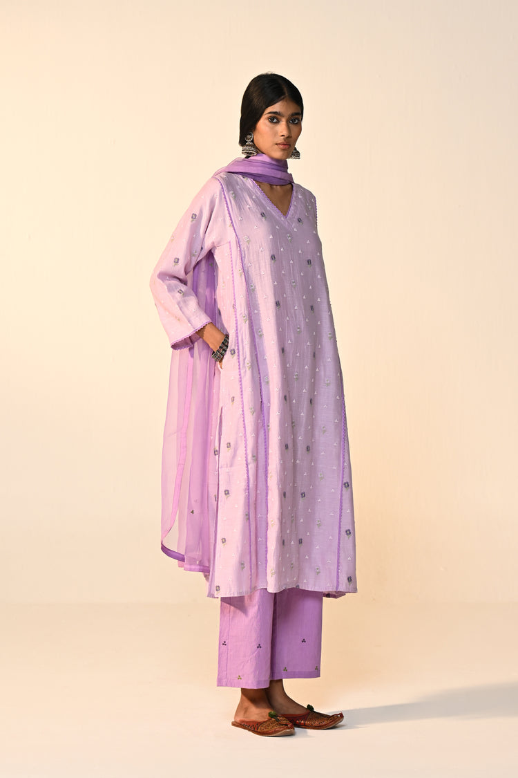 Tulsi Cotton Mul Embroidered Kurta Lavender (Set Of 3)
