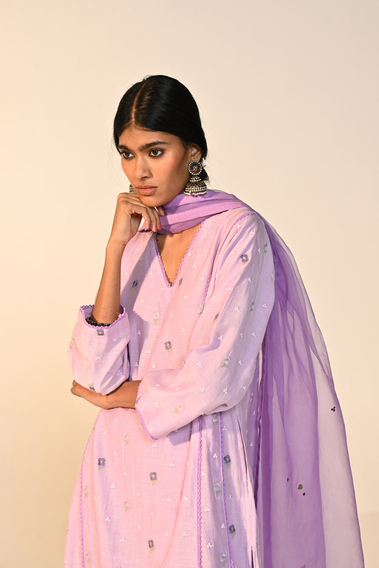 Tulsi Cotton Mul Embroidered Kurta Lavender (Set Of 3)