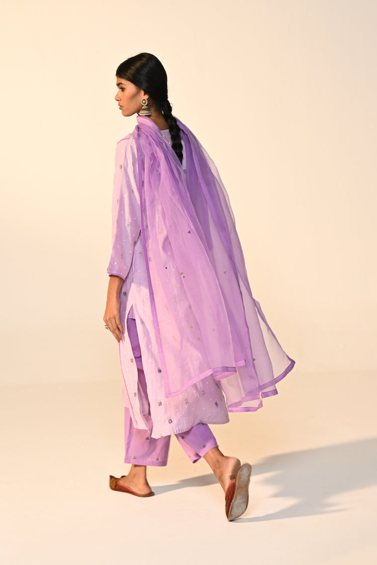 Tulsi Cotton Mul Embroidered Kurta Lavender (Set Of 3)