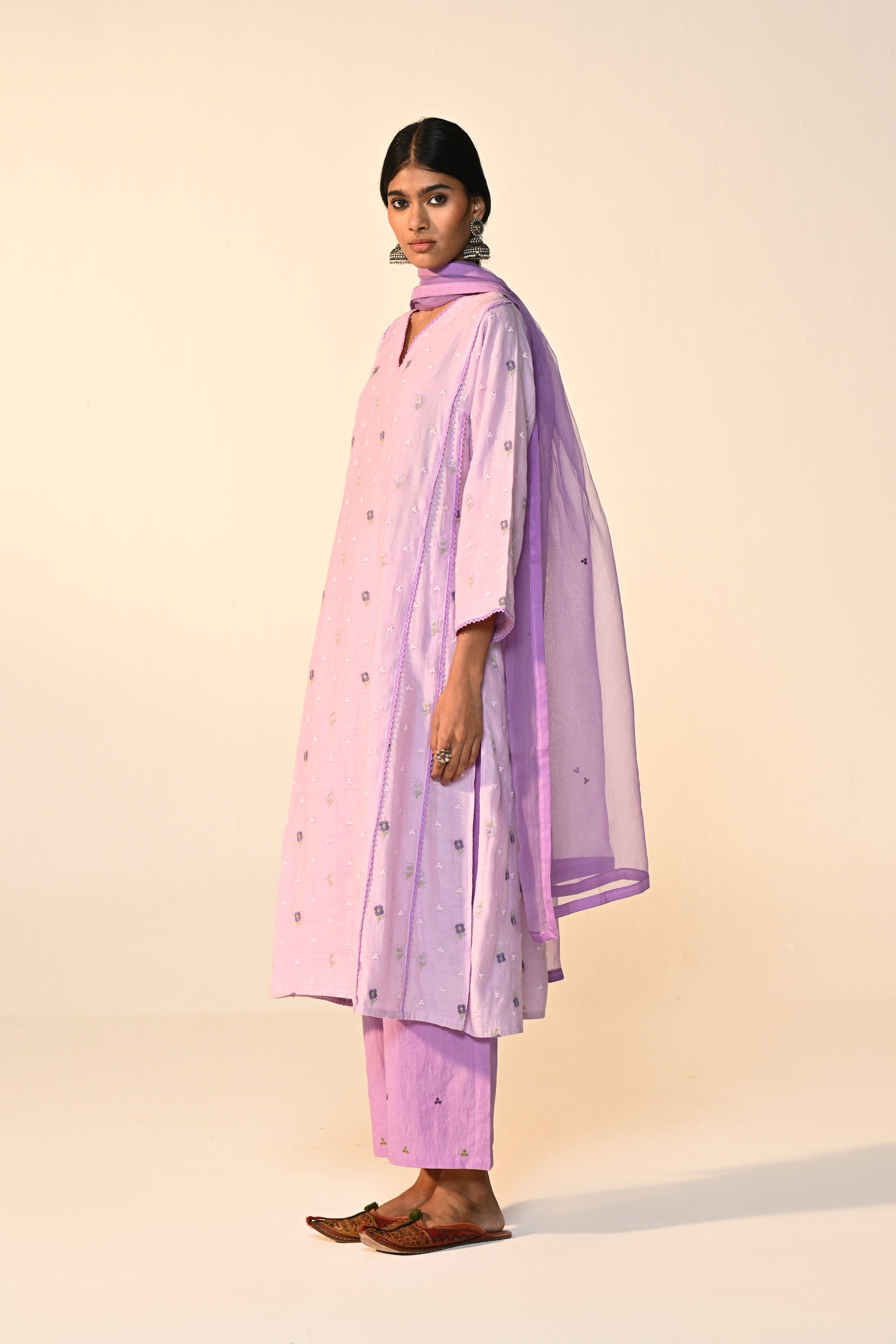 Tulsi Cotton Mul Embroidered Kurta Lavender (Set Of 3)