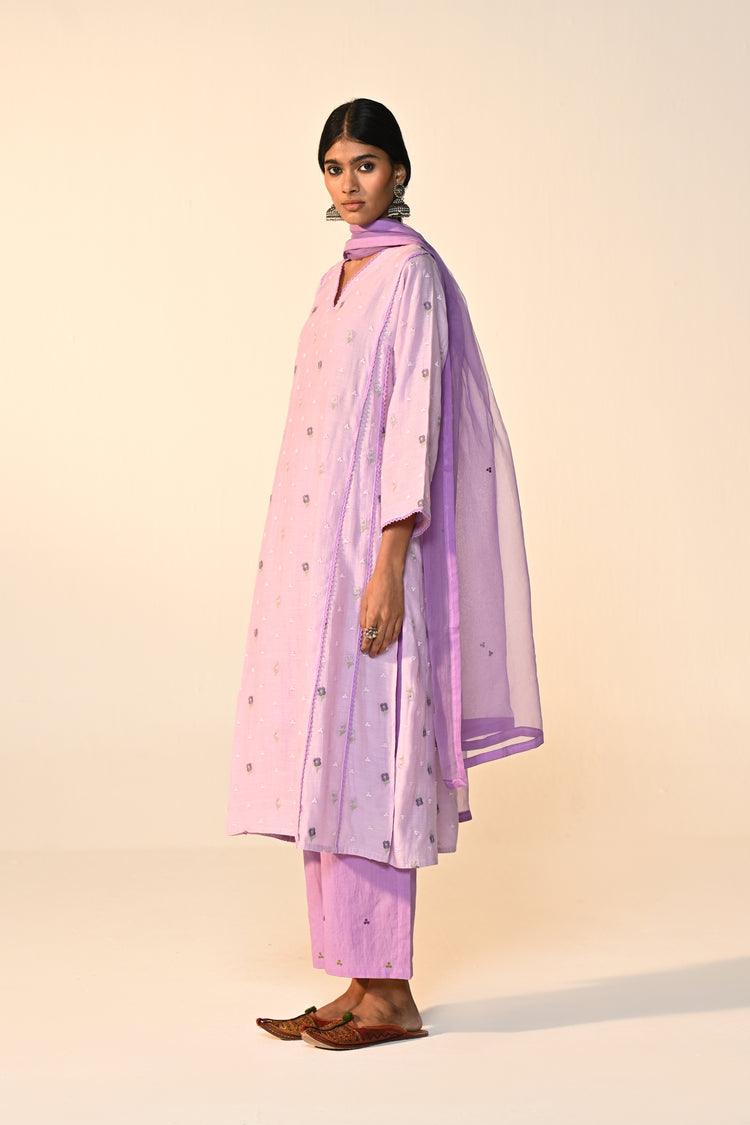 Tulsi Cotton Mul Embroidered Kurta Lavender (Set Of 3)
