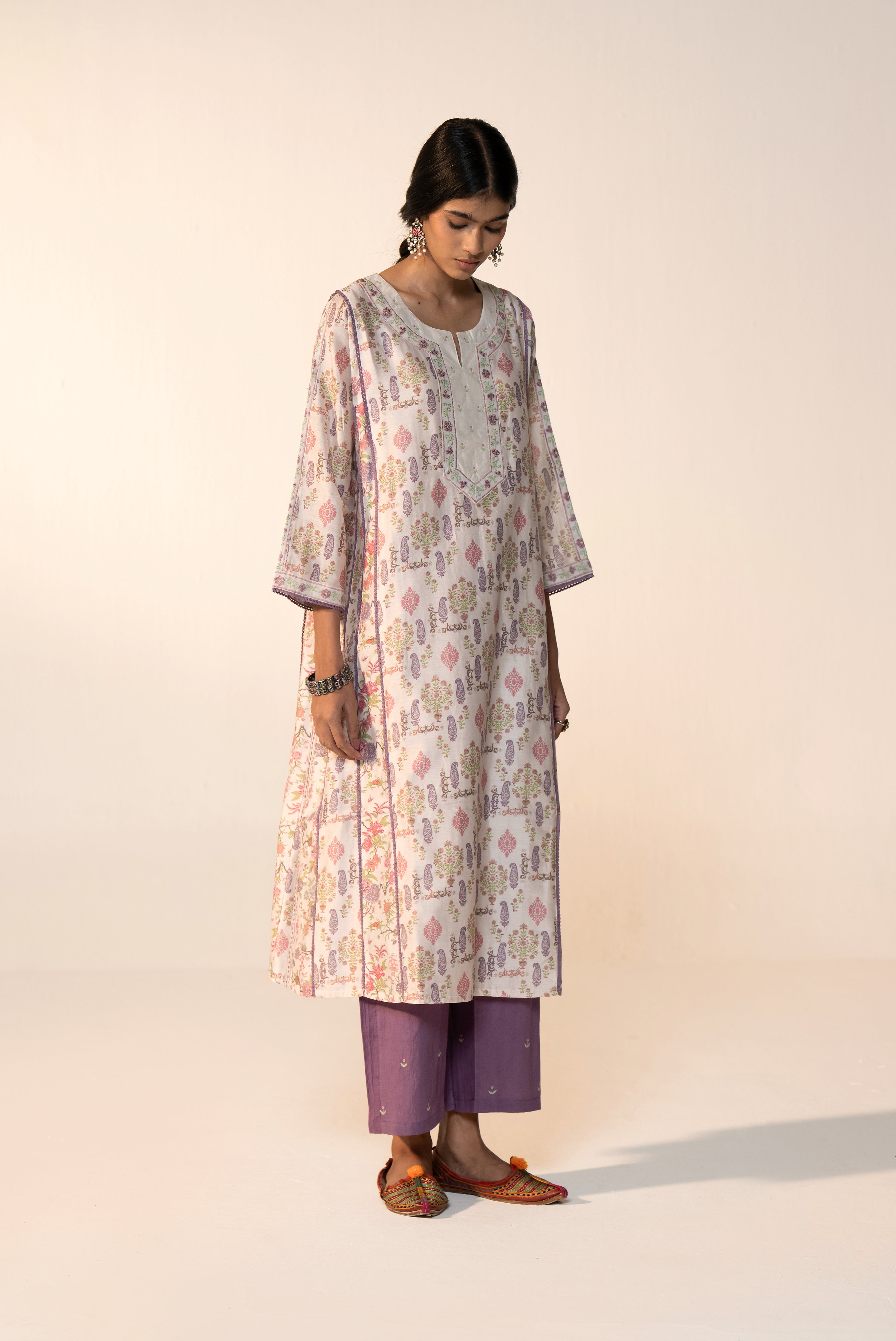 Aruni Cotton Printed Kurta White Mauve (Set Of 3)