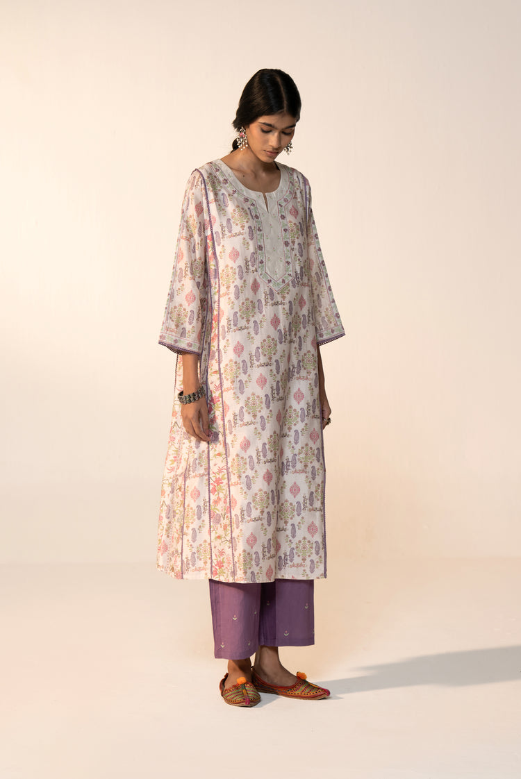 Aruni Cotton Printed Kurta White Mauve (Set Of 3)