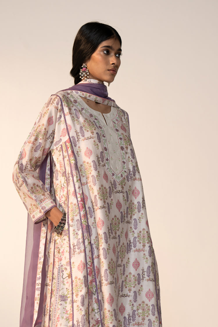 Aruni Cotton Printed Kurta White Mauve (Set Of 3)