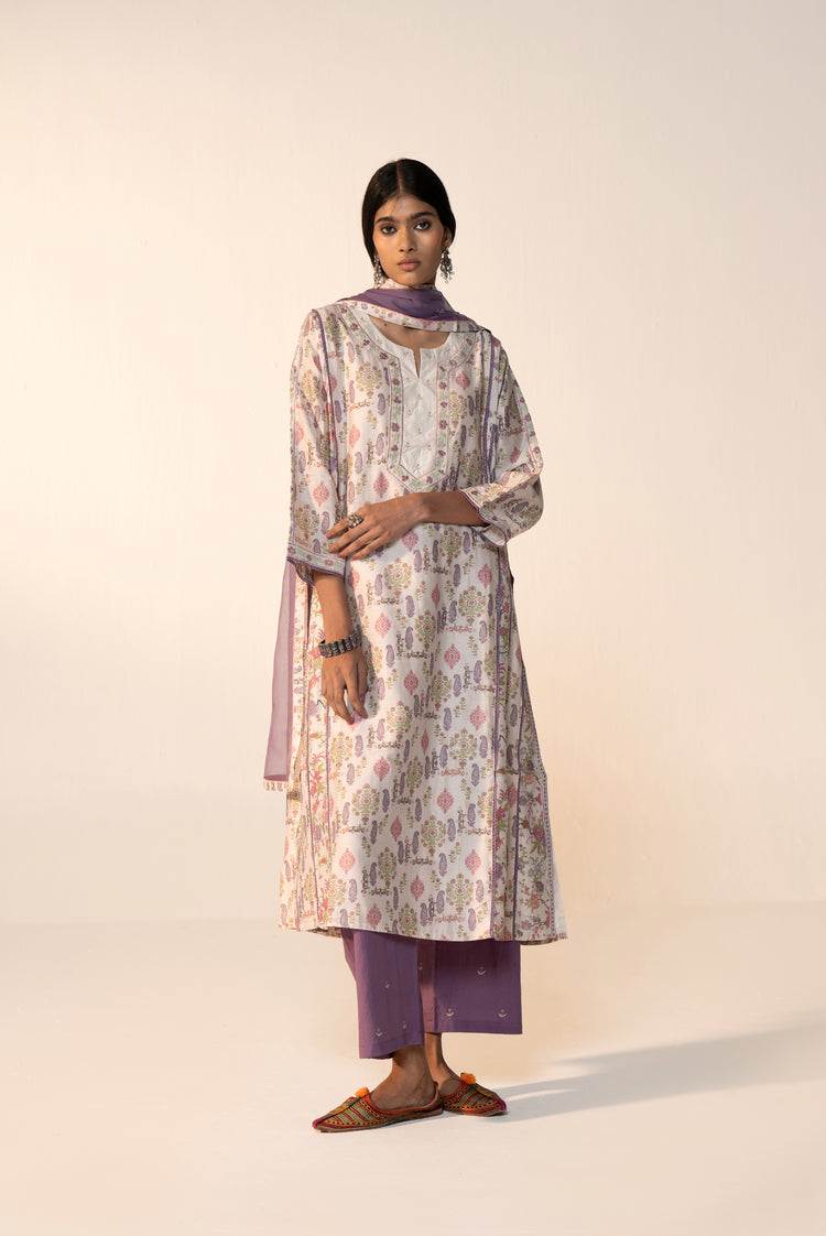 Aruni Cotton Printed Kurta White Mauve (Set Of 3)