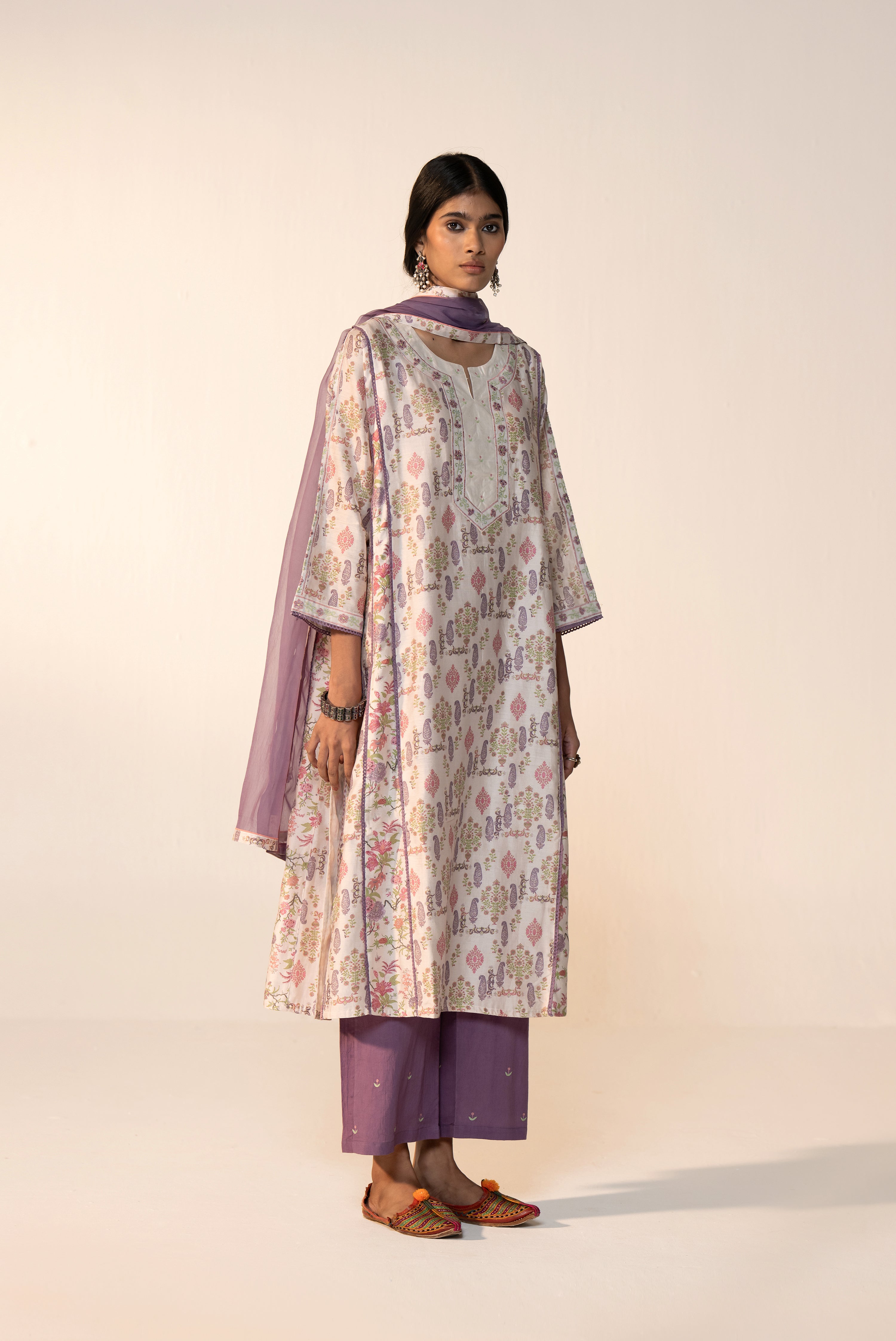 Aruni Cotton Printed Kurta White Mauve (Set Of 3)
