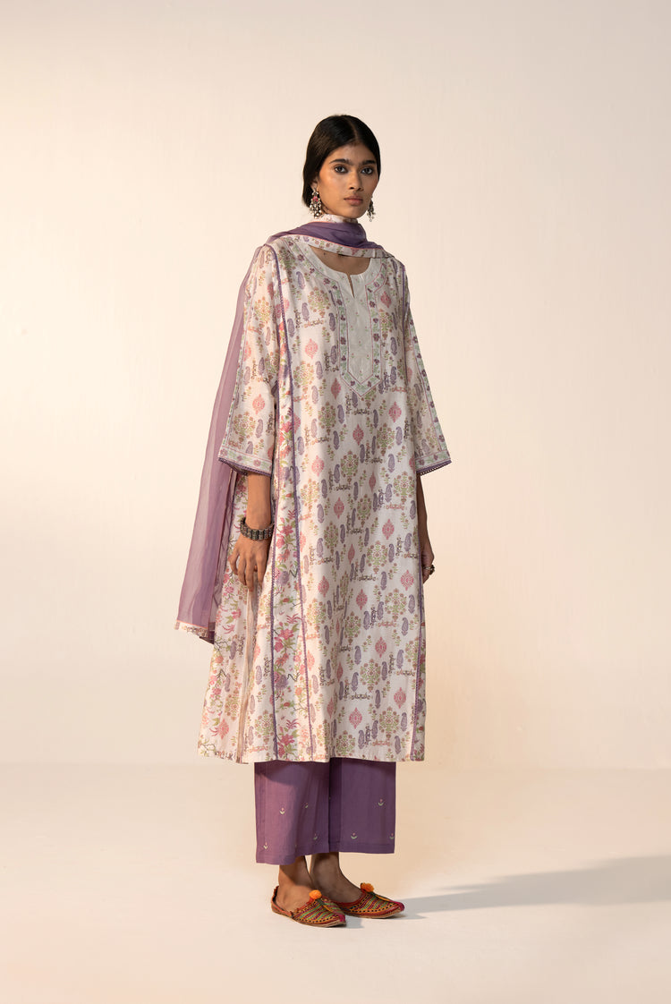 Aruni Cotton Printed Kurta White Mauve (Set Of 3)