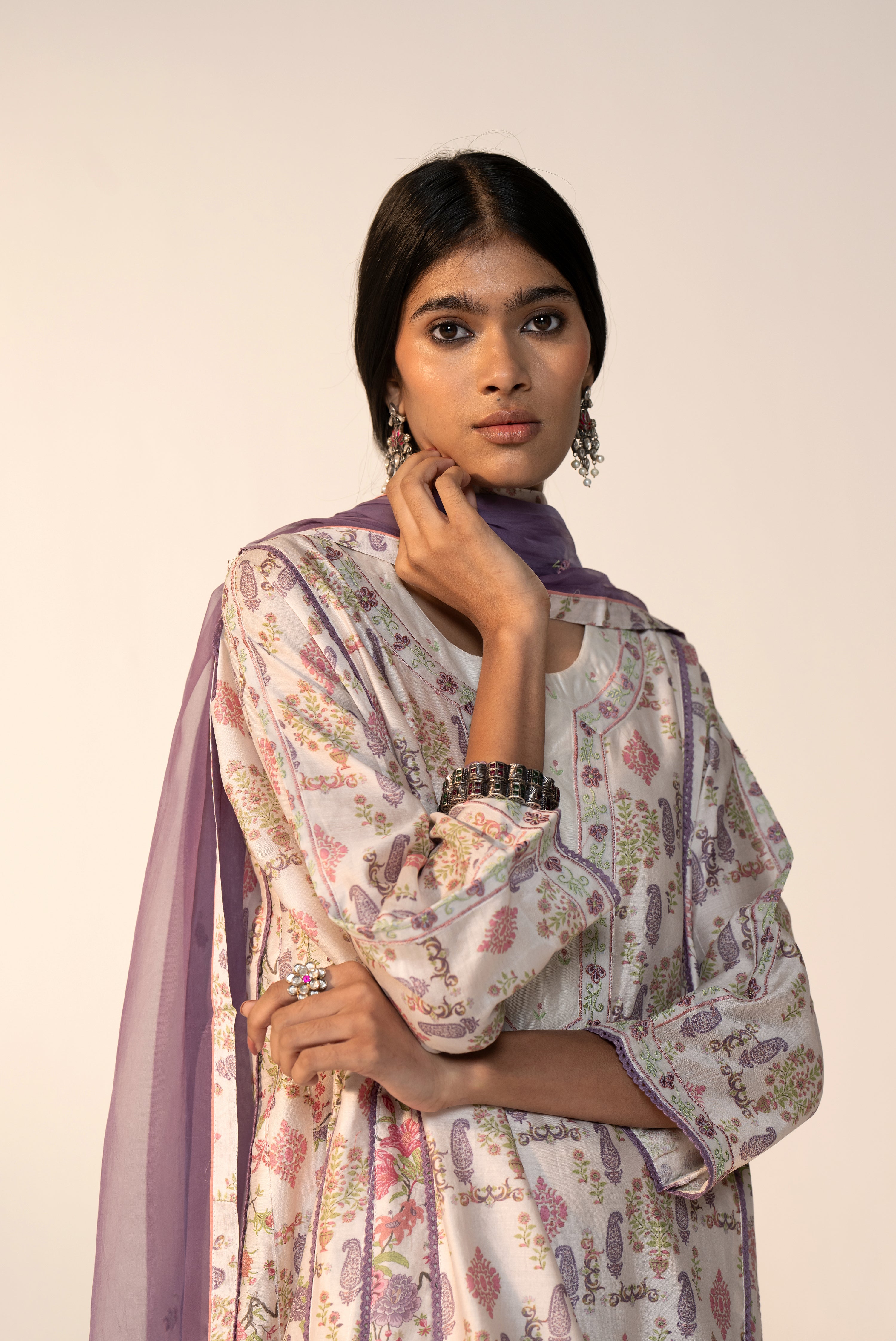 Aruni Cotton Printed Kurta White Mauve (Set Of 3)