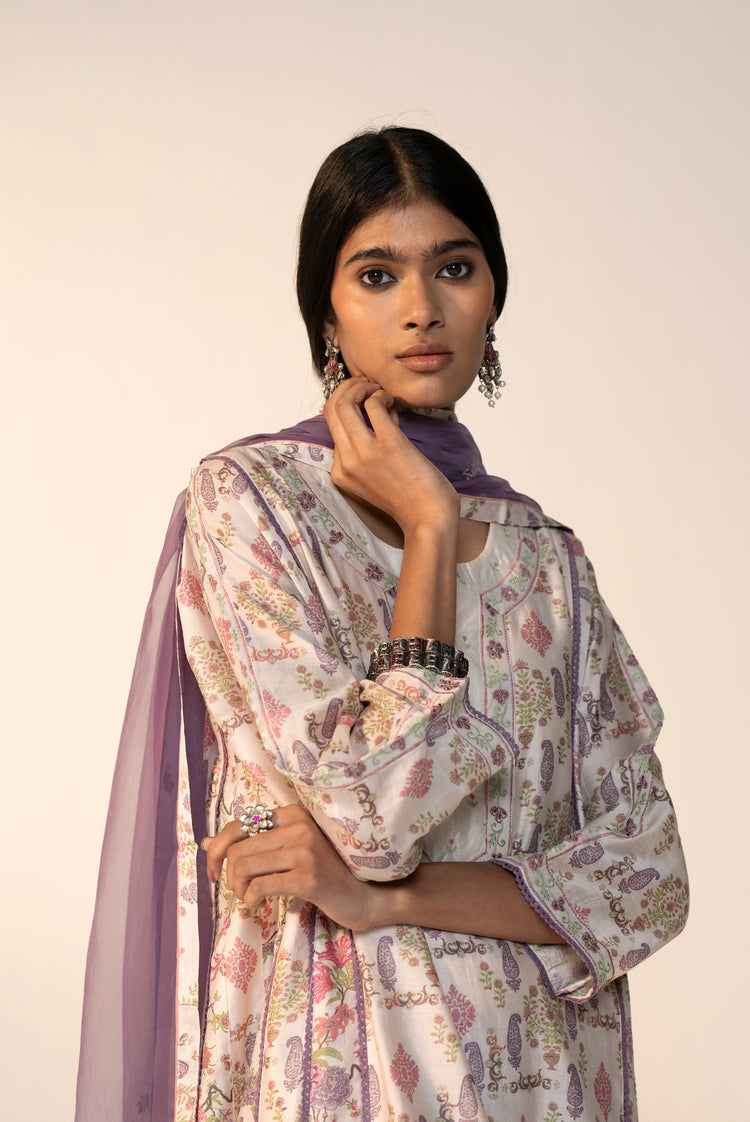 Aruni Cotton Printed Kurta White Mauve (Set Of 3)