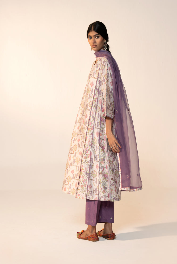 Aruni Cotton Printed Kurta White Mauve (Set Of 3)