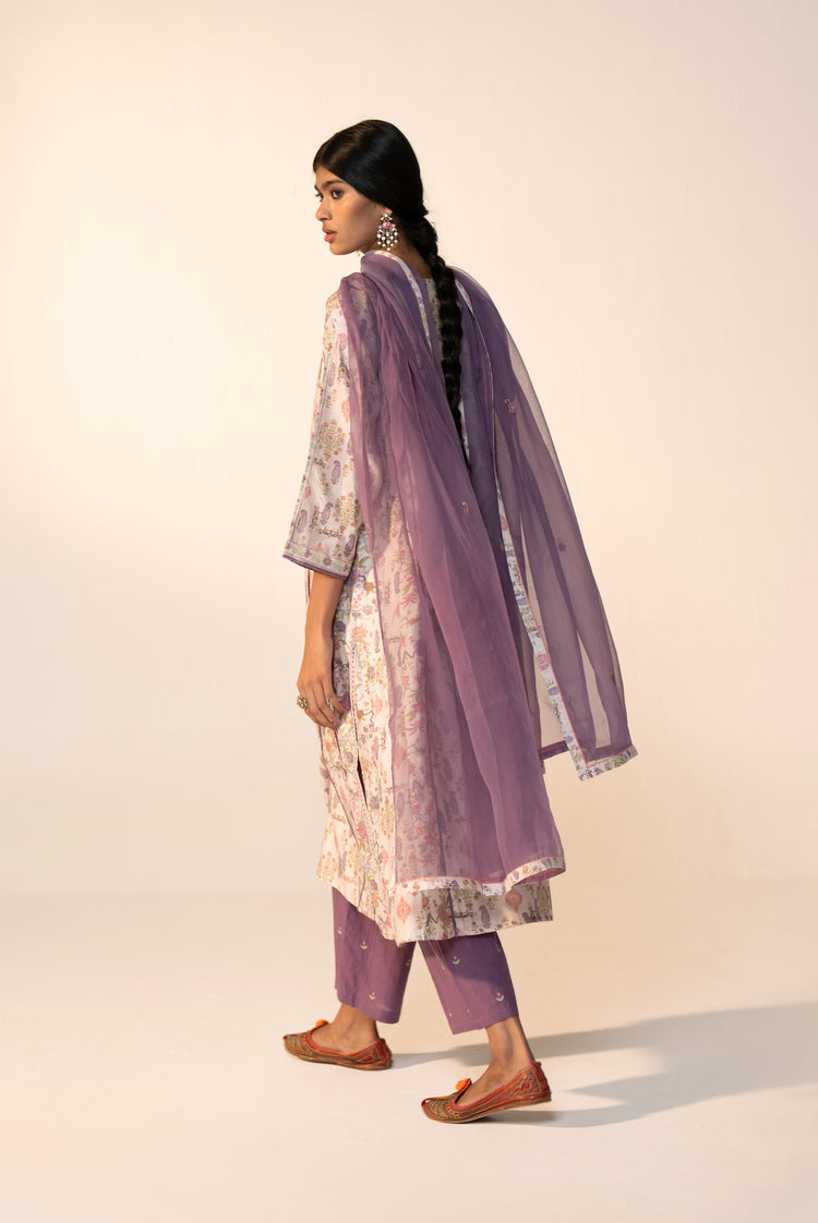 Aruni Cotton Printed Kurta White Mauve (Set Of 3)