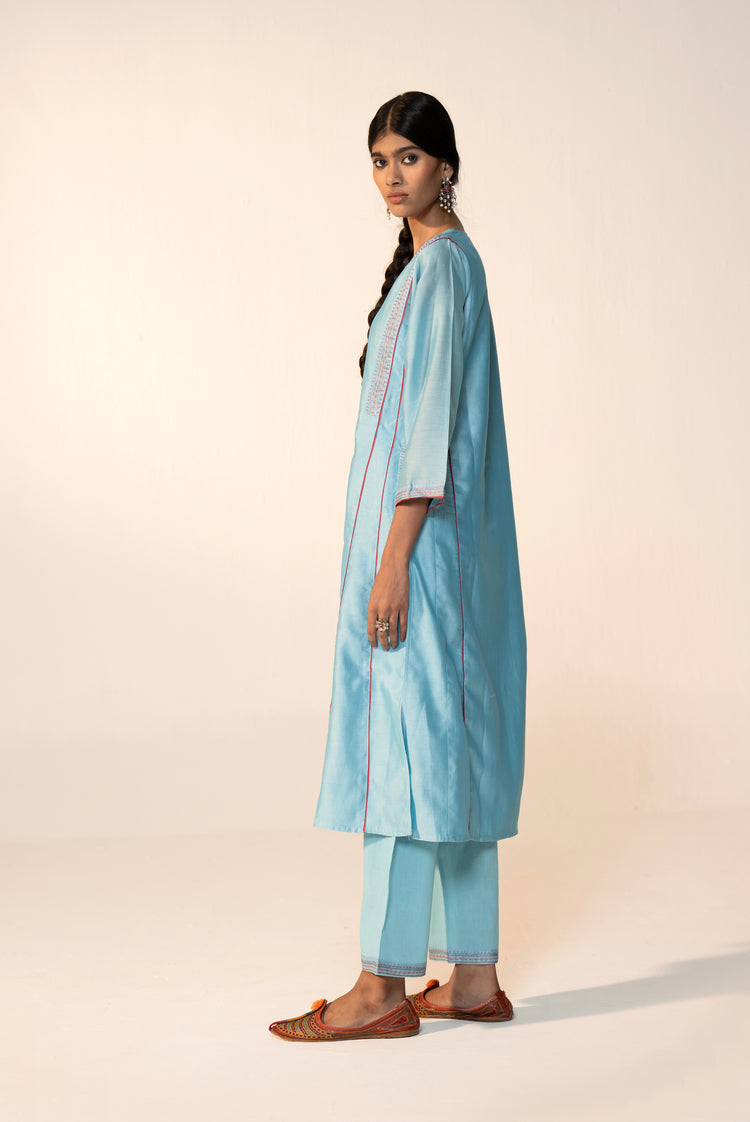 Tulsi Chanderi Solid Kurta Sky Blue (Set Of 3)