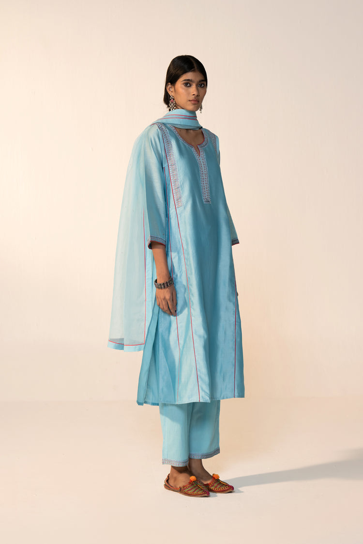 Tulsi Chanderi Solid Kurta Sky Blue (Set Of 3)