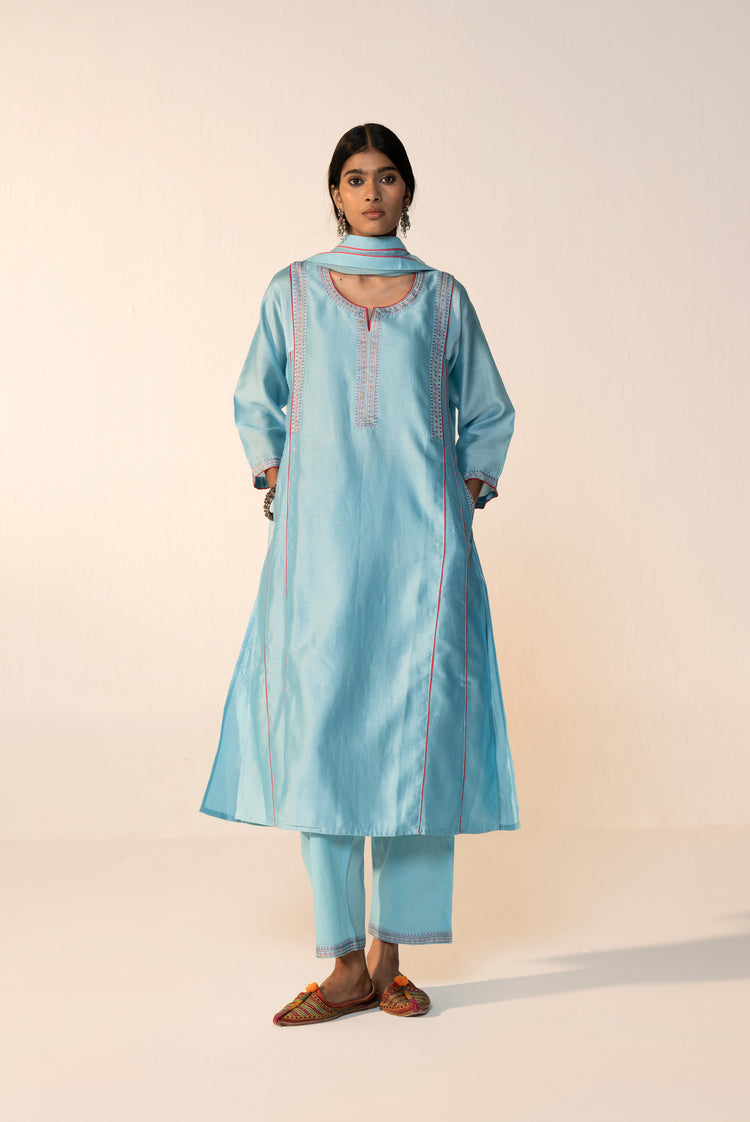 Tulsi Chanderi Solid Kurta Sky Blue (Set Of 3)