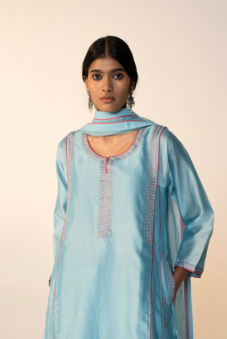 Tulsi Chanderi Solid Kurta Sky Blue (Set Of 3)