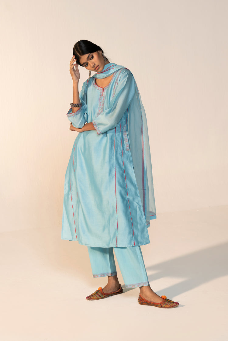 Tulsi Chanderi Solid Kurta Sky Blue (Set Of 3)
