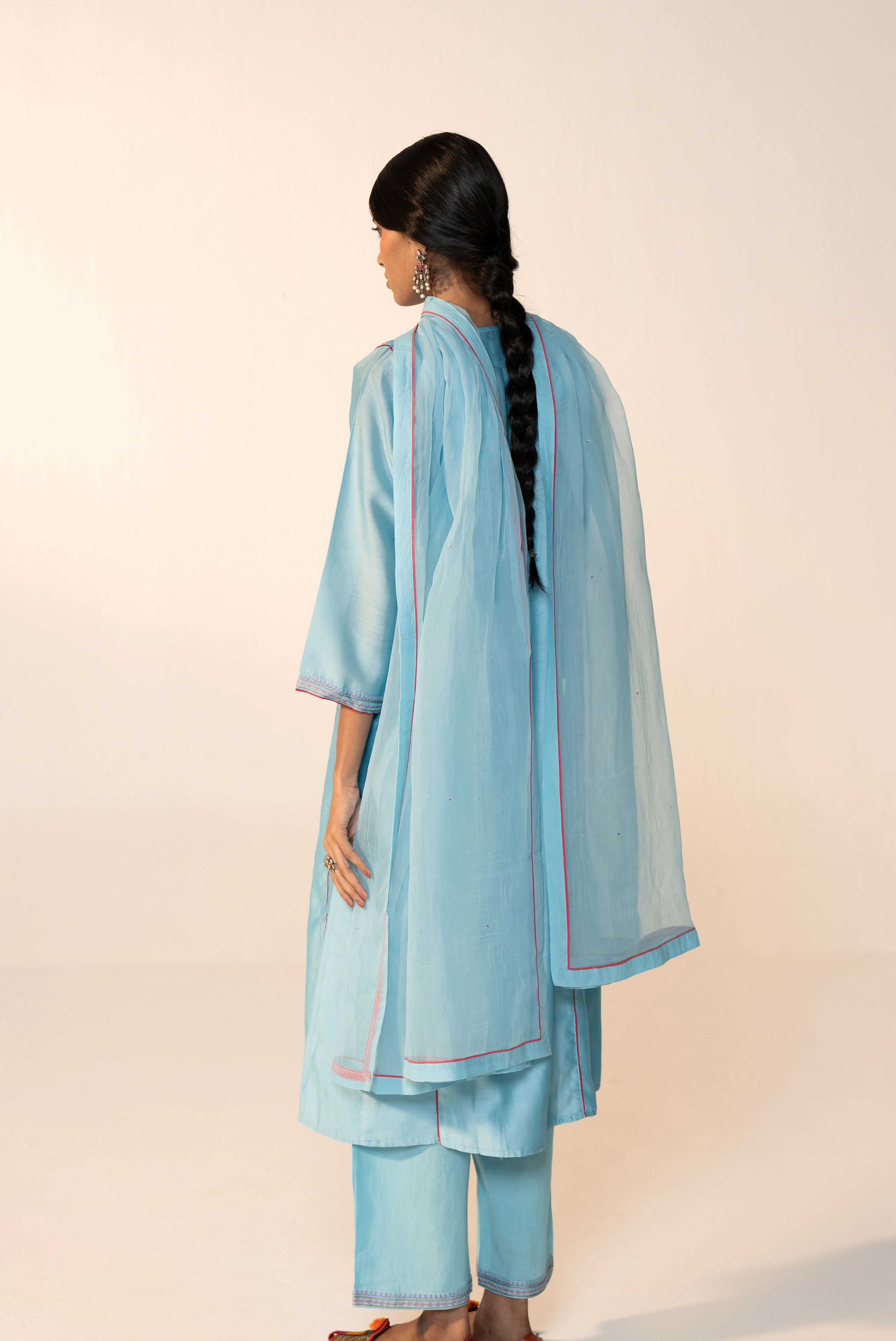 Tulsi Chanderi Solid Kurta Sky Blue (Set Of 3)