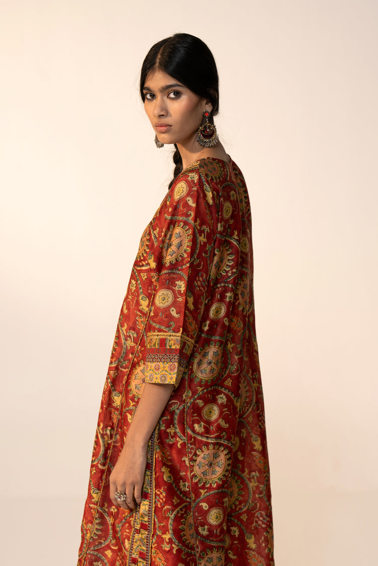 Rozana Cotton Vanaspati Printed Kurta Maroon Yellow (Set Of 3)