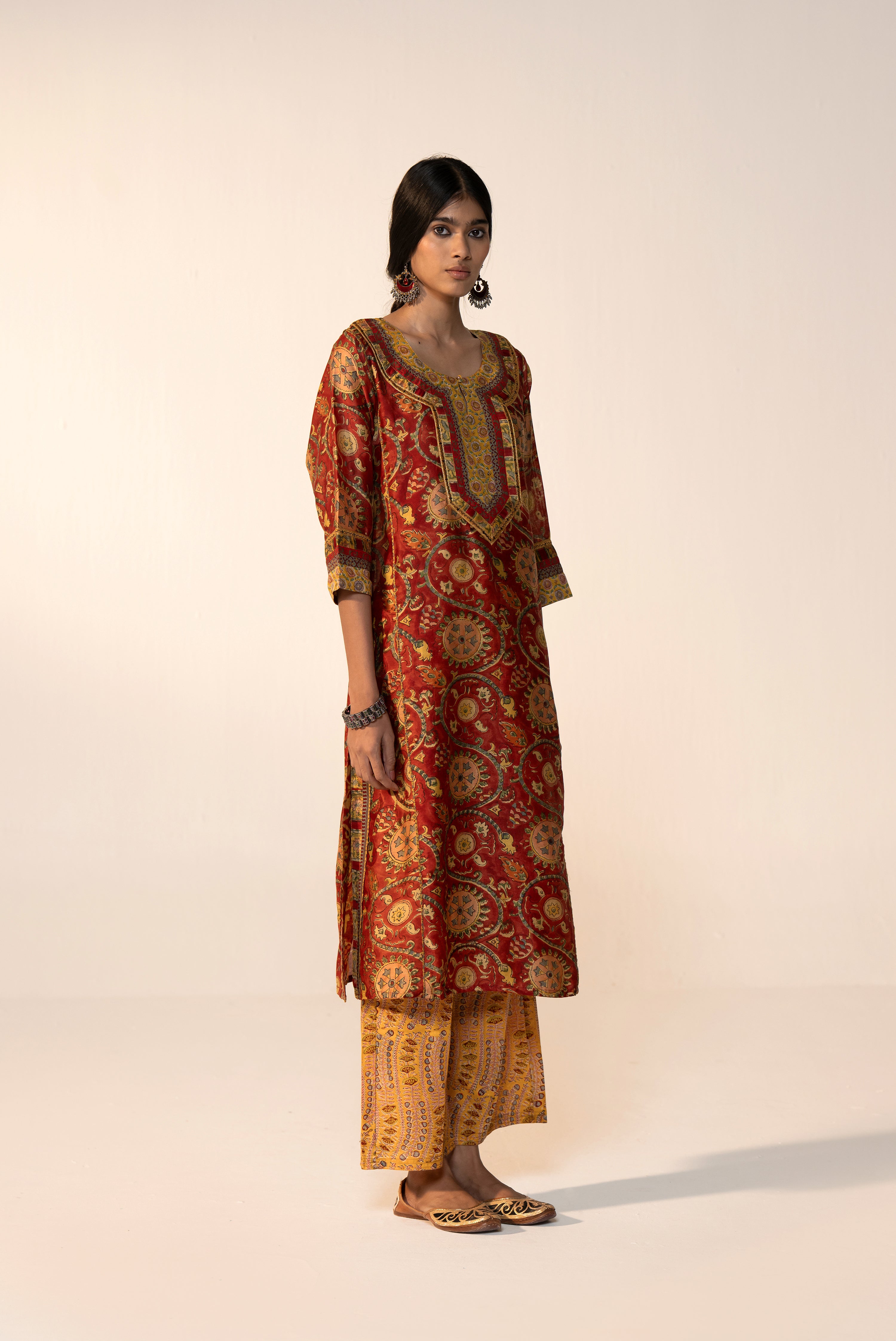 Rozana Chanderi Vanaspati Printed Kurta Maroon Yellow (Set Of 3)
