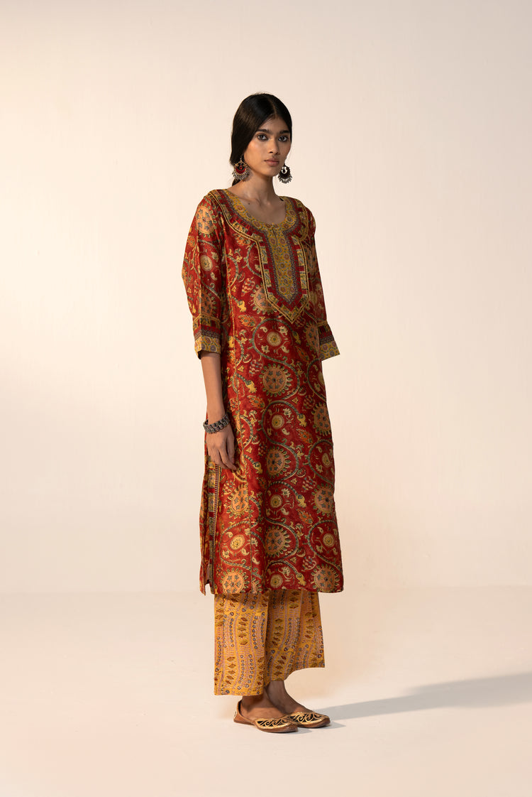 Rozana Chanderi Vanaspati Printed Kurta Maroon Yellow (Set Of 3)