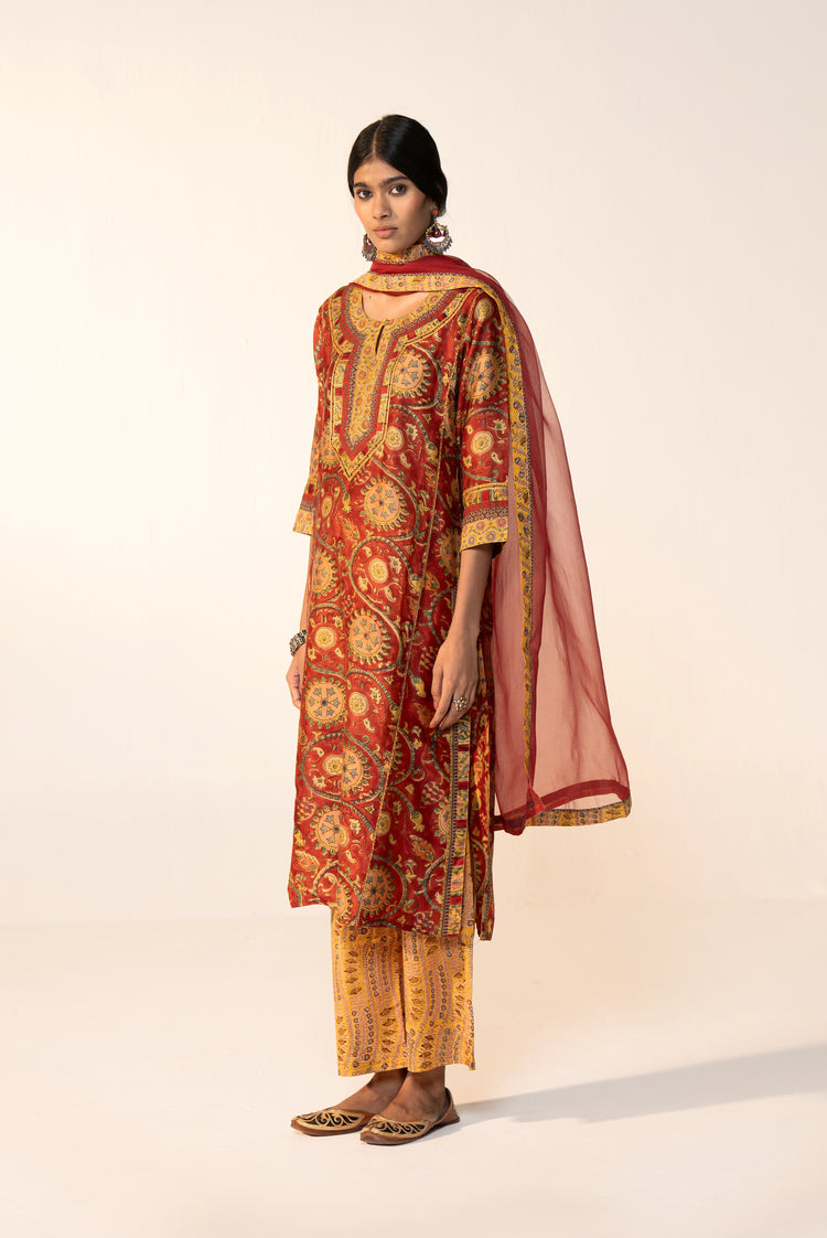 Rozana Cotton Vanaspati Printed Kurta Maroon Yellow (Set Of 3)