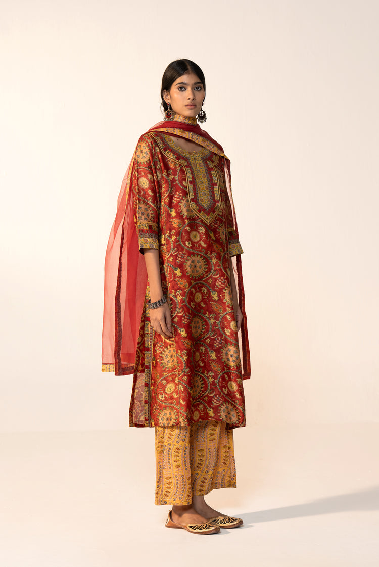 Rozana Cotton Vanaspati Printed Kurta Maroon Yellow (Set Of 3)