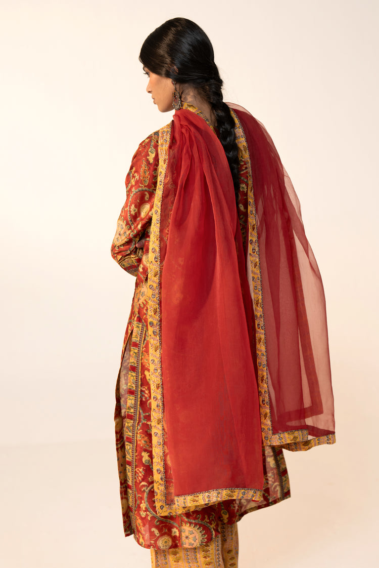 Rozana Chanderi Vanaspati Printed Kurta Maroon Yellow (Set Of 3)