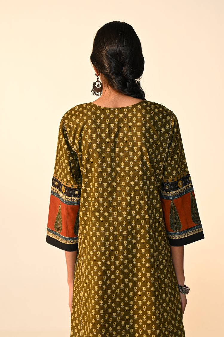 Rozana Cotton Printed Kurta Olive Green (Set Of 3)