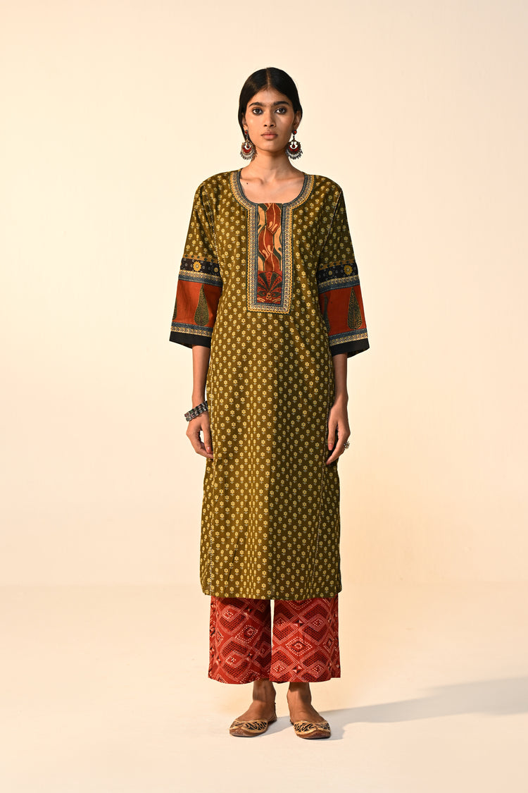 Rozana Cotton Printed Kurta Olive Green (Set Of 3)