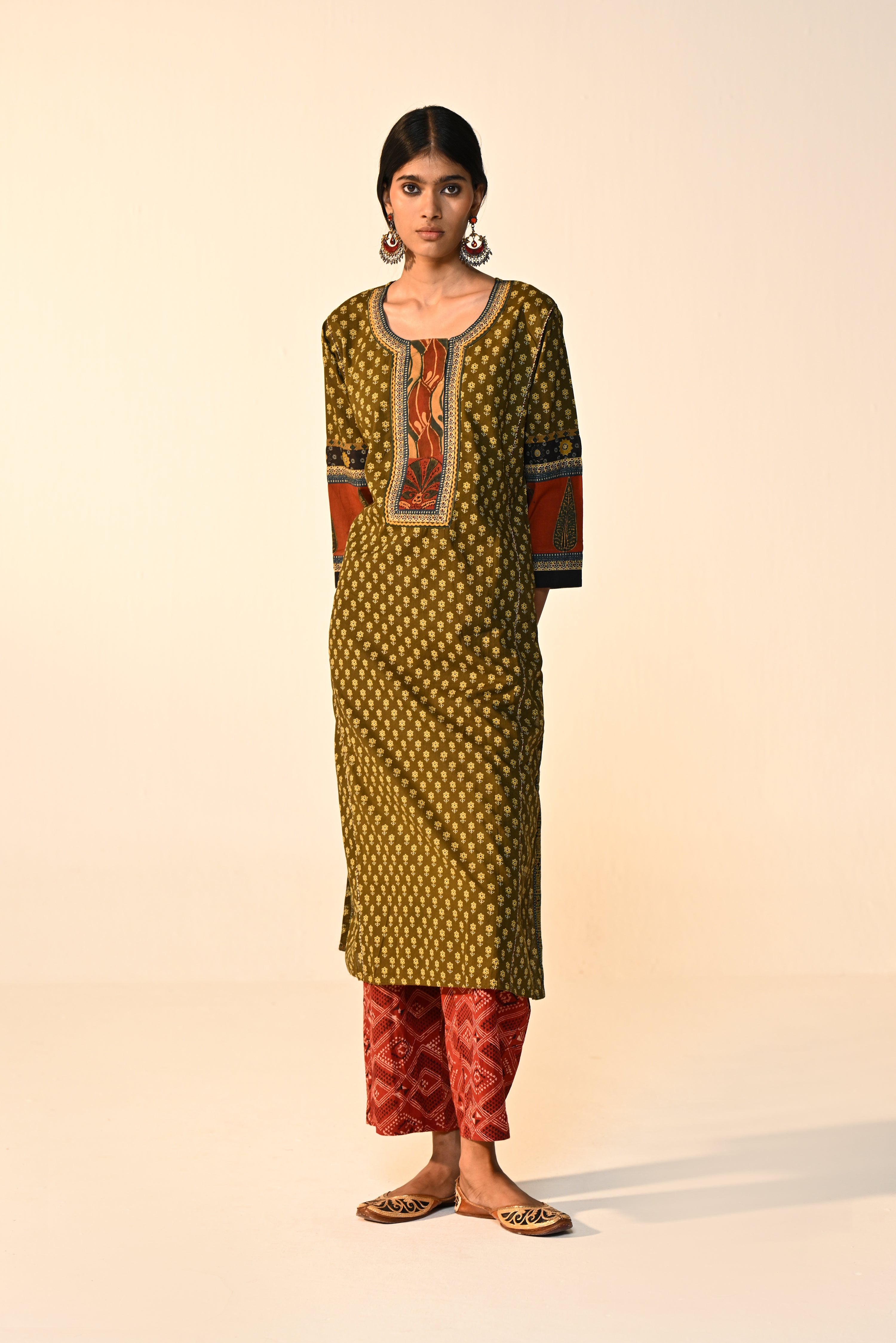 Rozana Cotton Printed Kurta Olive Green (Set Of 3)