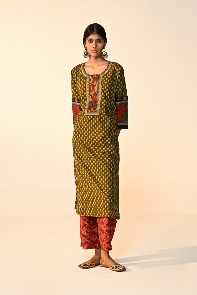 Rozana Cotton Printed Kurta Olive Green (Set Of 3)