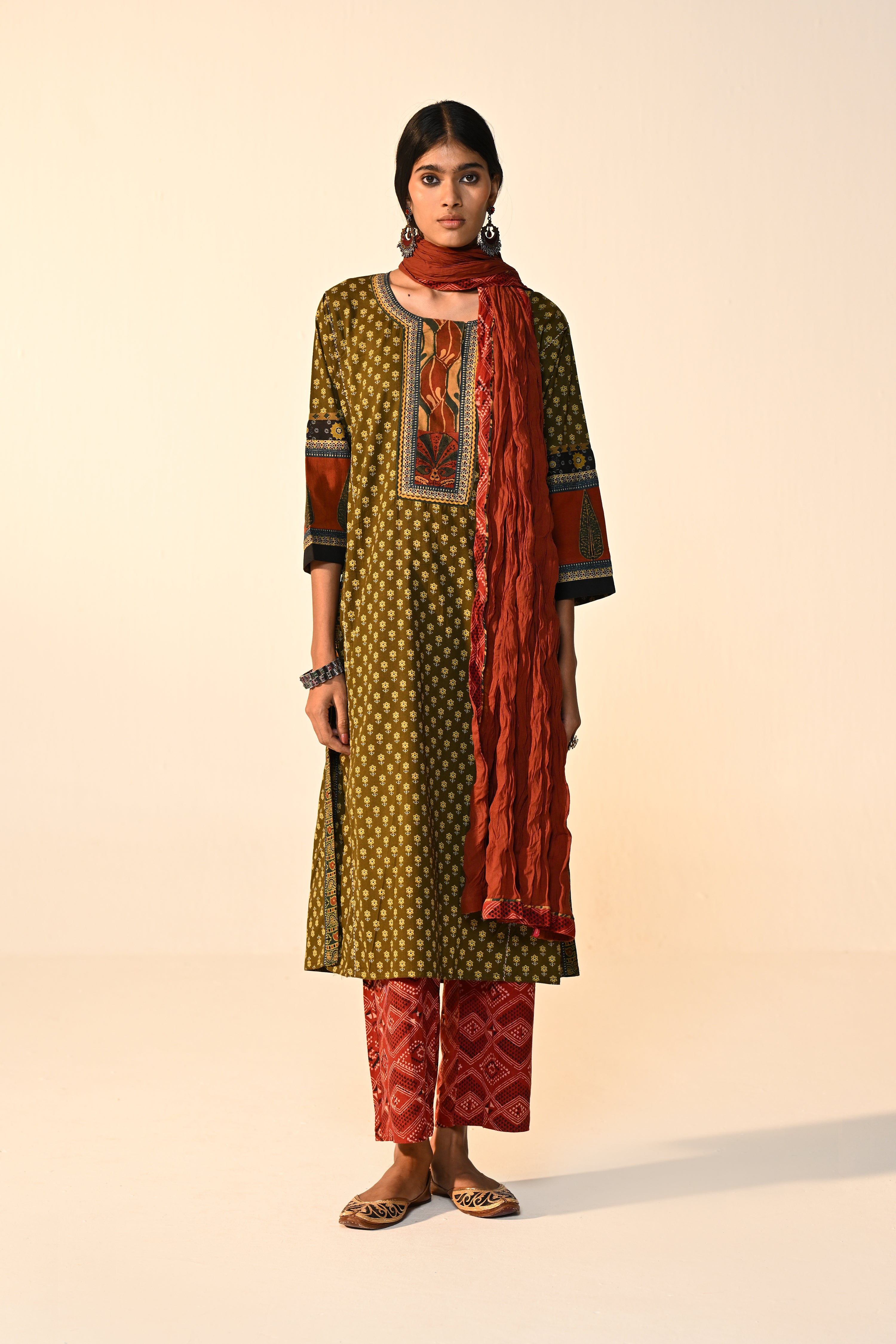 Rozana Cotton Printed Kurta Olive Green (Set Of 3)