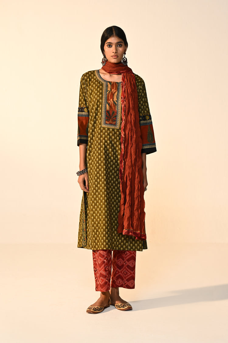 Rozana Cotton Printed Kurta Olive Green (Set Of 3)