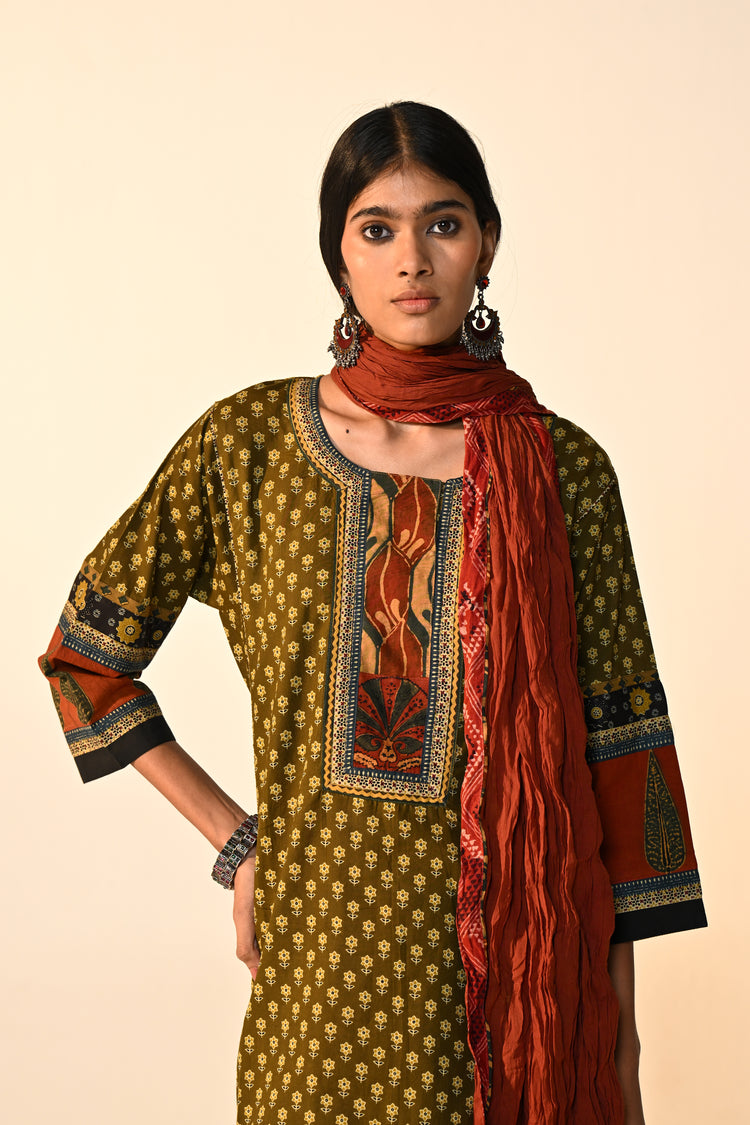 Rozana Cotton Printed Kurta Olive Green (Set Of 3)