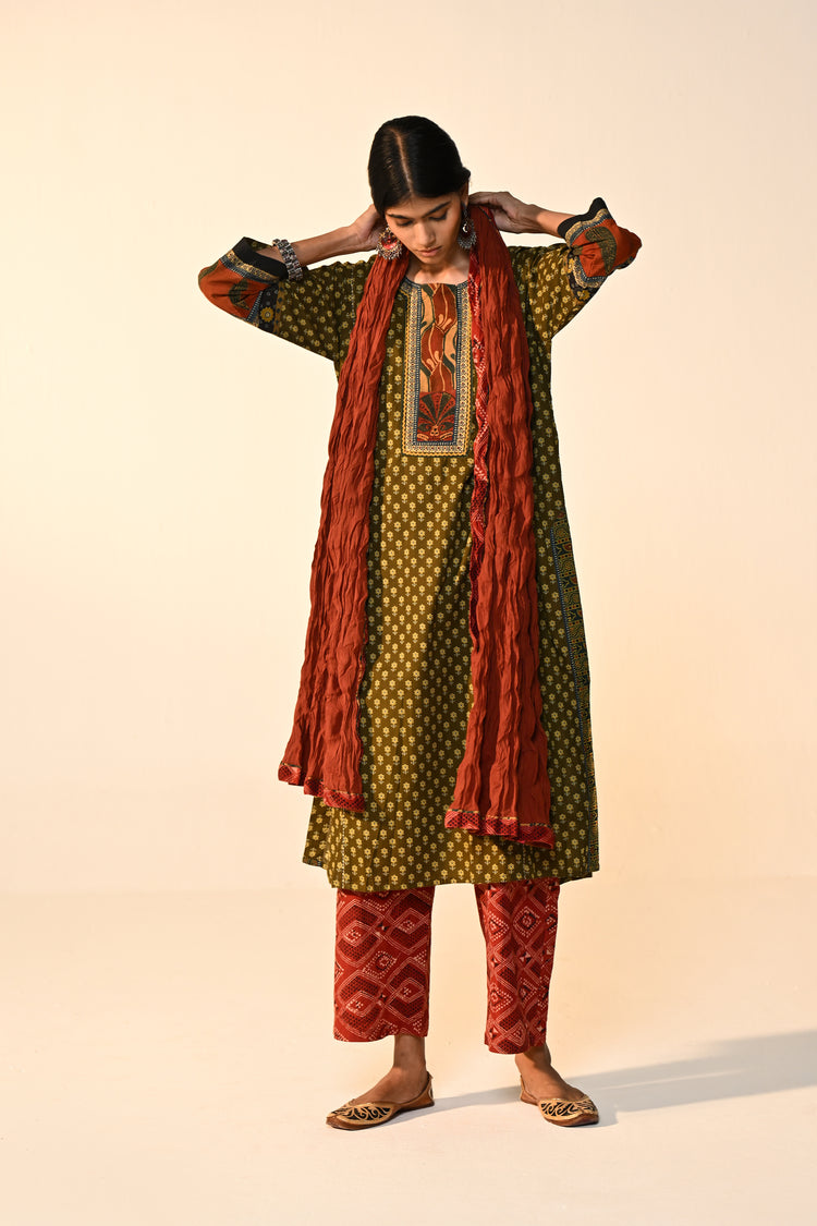 Rozana Cotton Printed Kurta Olive Green (Set Of 3)
