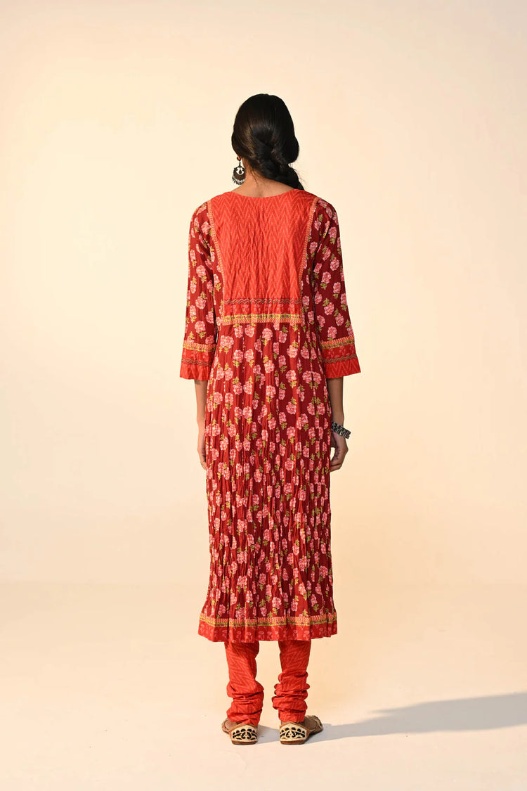 Rozana Crinkled Anarkali Printed Kurta Maroon Light Pink (Set Of 3)