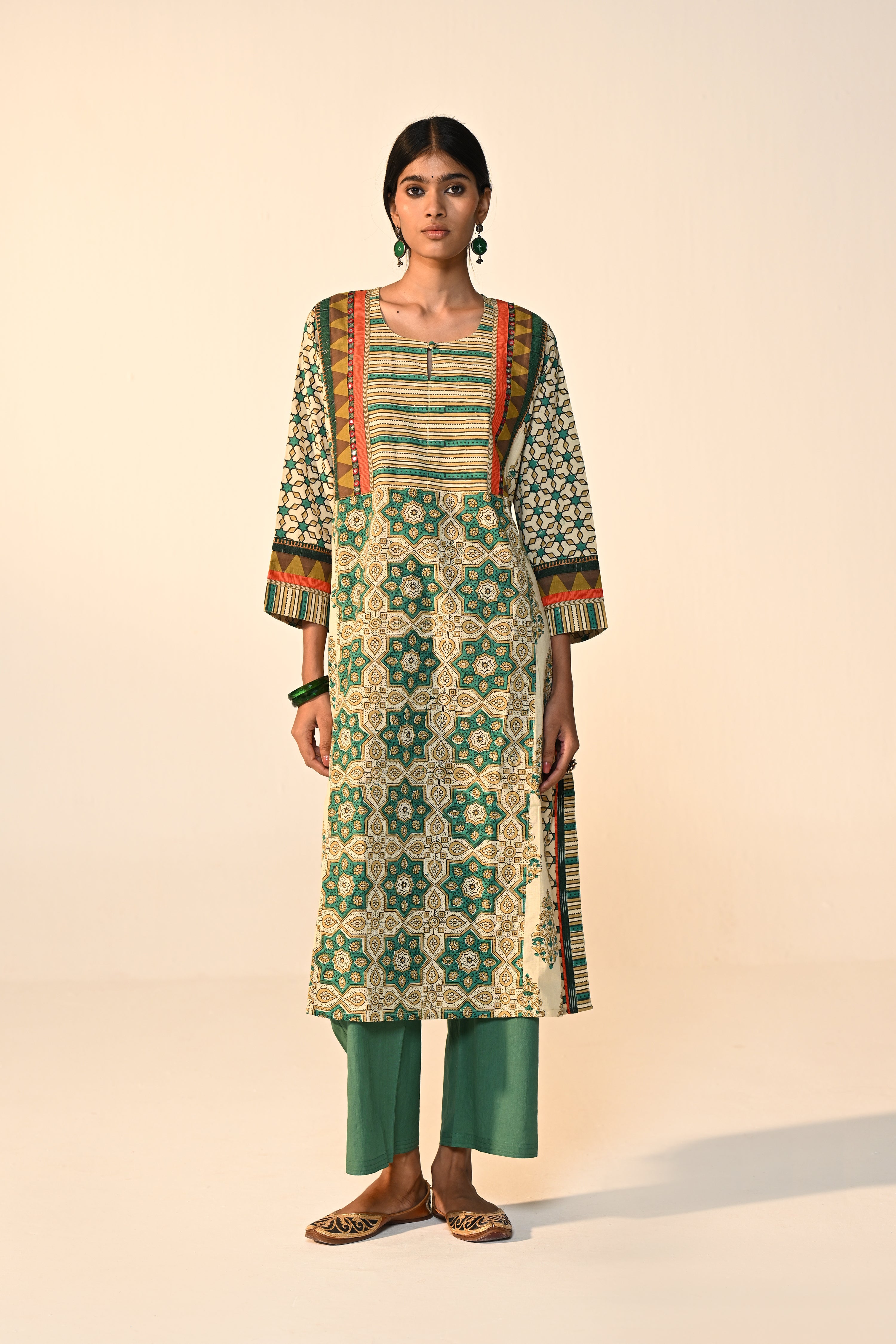 Adya Cotton Ajrakh Printed Kurta Green Beige