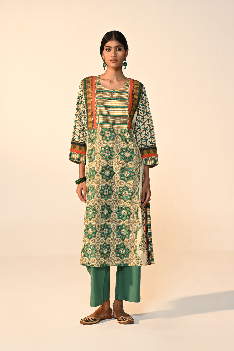 Adya Cotton Ajrakh Printed Kurta Green Beige