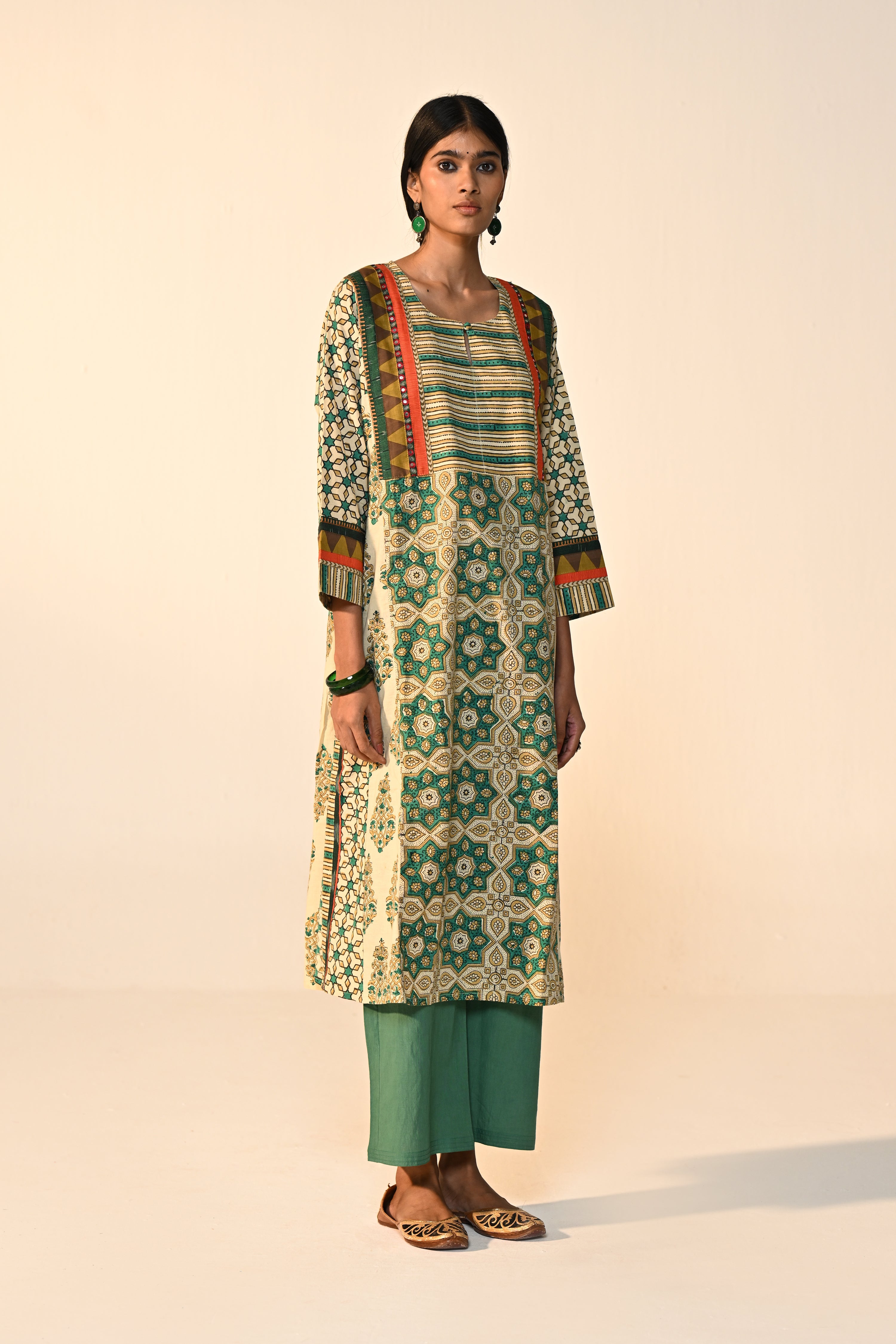 Adya Cotton Ajrakh Printed Kurta Green Beige
