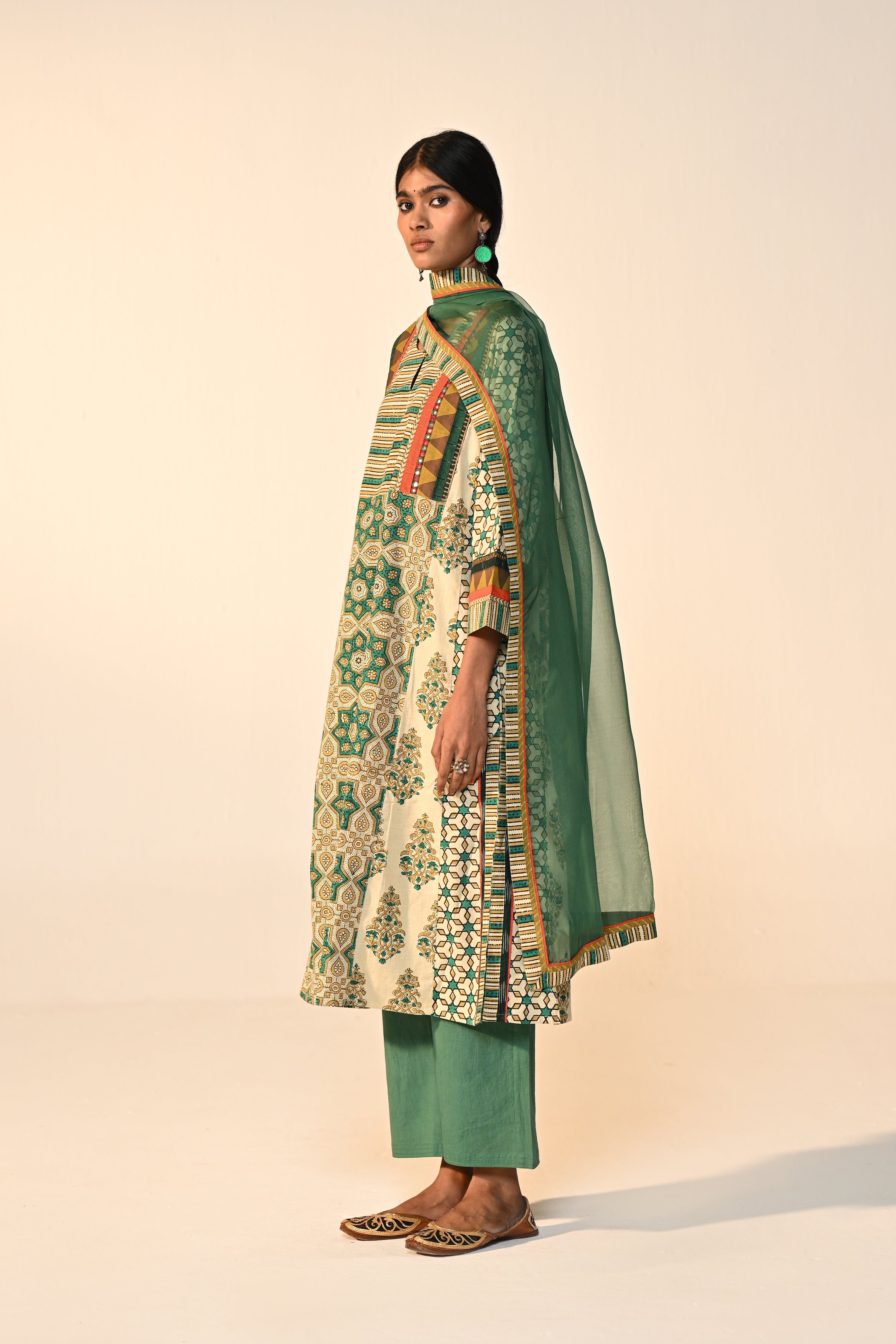 Adya Cotton Ajrakh Printed Kurta Green Beige