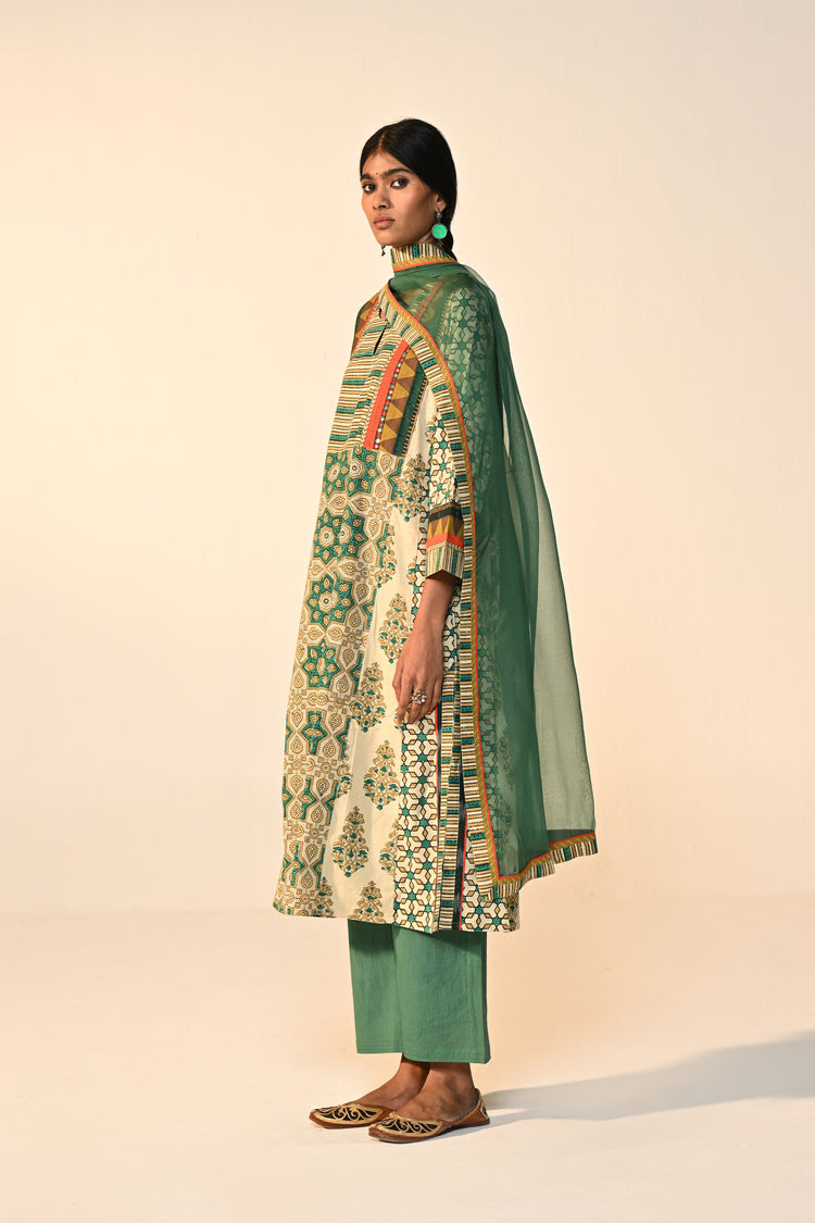Adya Cotton Ajrakh Printed Kurta Green Beige