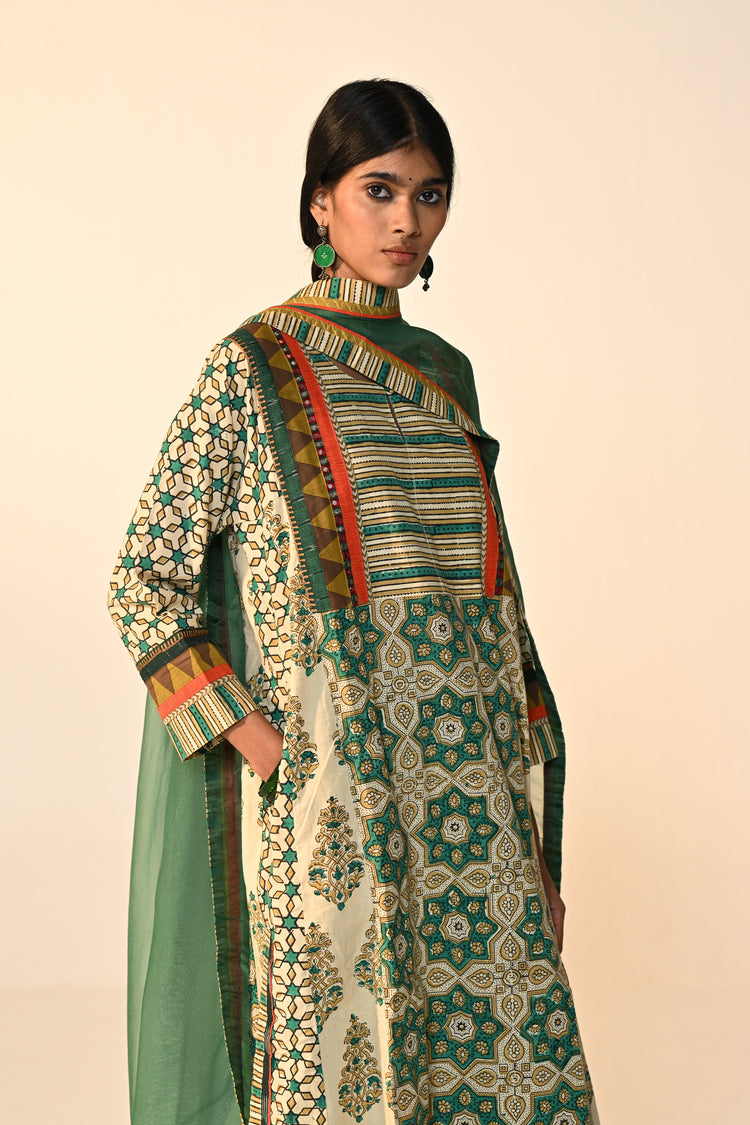 Adya Cotton Ajrakh Printed Kurta Green Beige