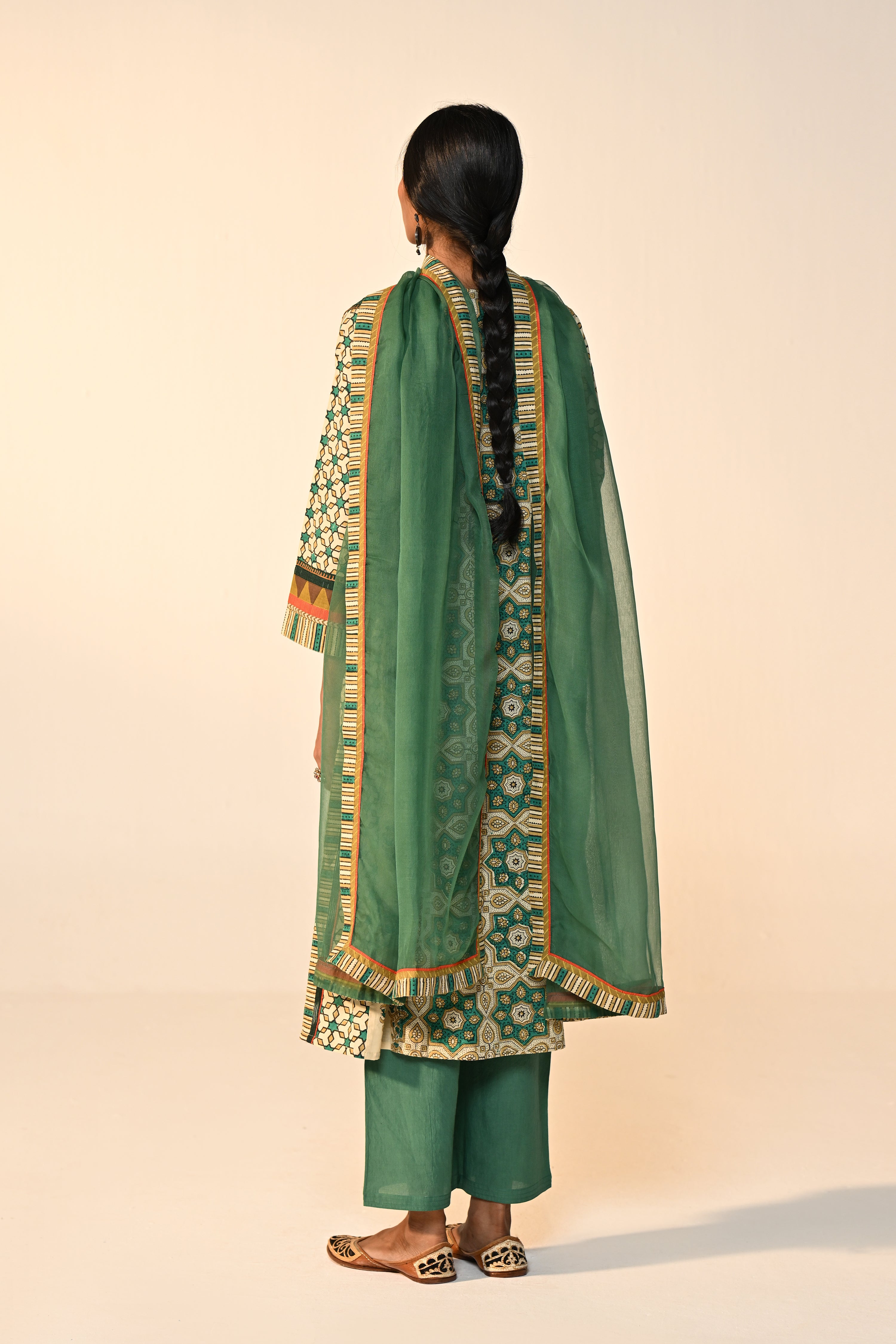 Adya Cotton Ajrakh Printed Kurta Green Beige